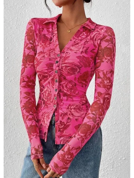 👑 Women's Pink Red Floral Long Sleeve V Neck Mesh Boho Button Front Shirt Top - Picture 4 of 6